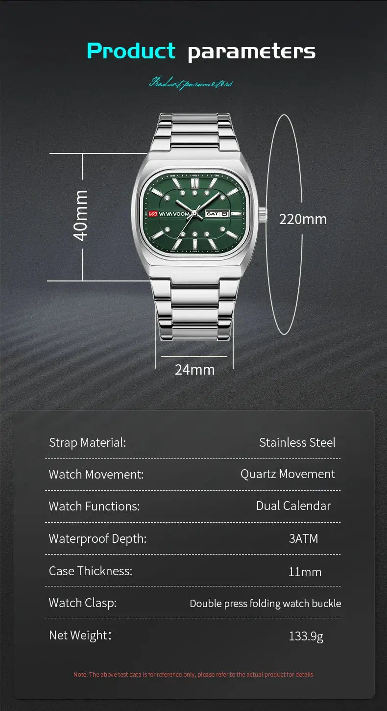 Simples Market men's square stainless steel watch with green dial, quartz movement and date window