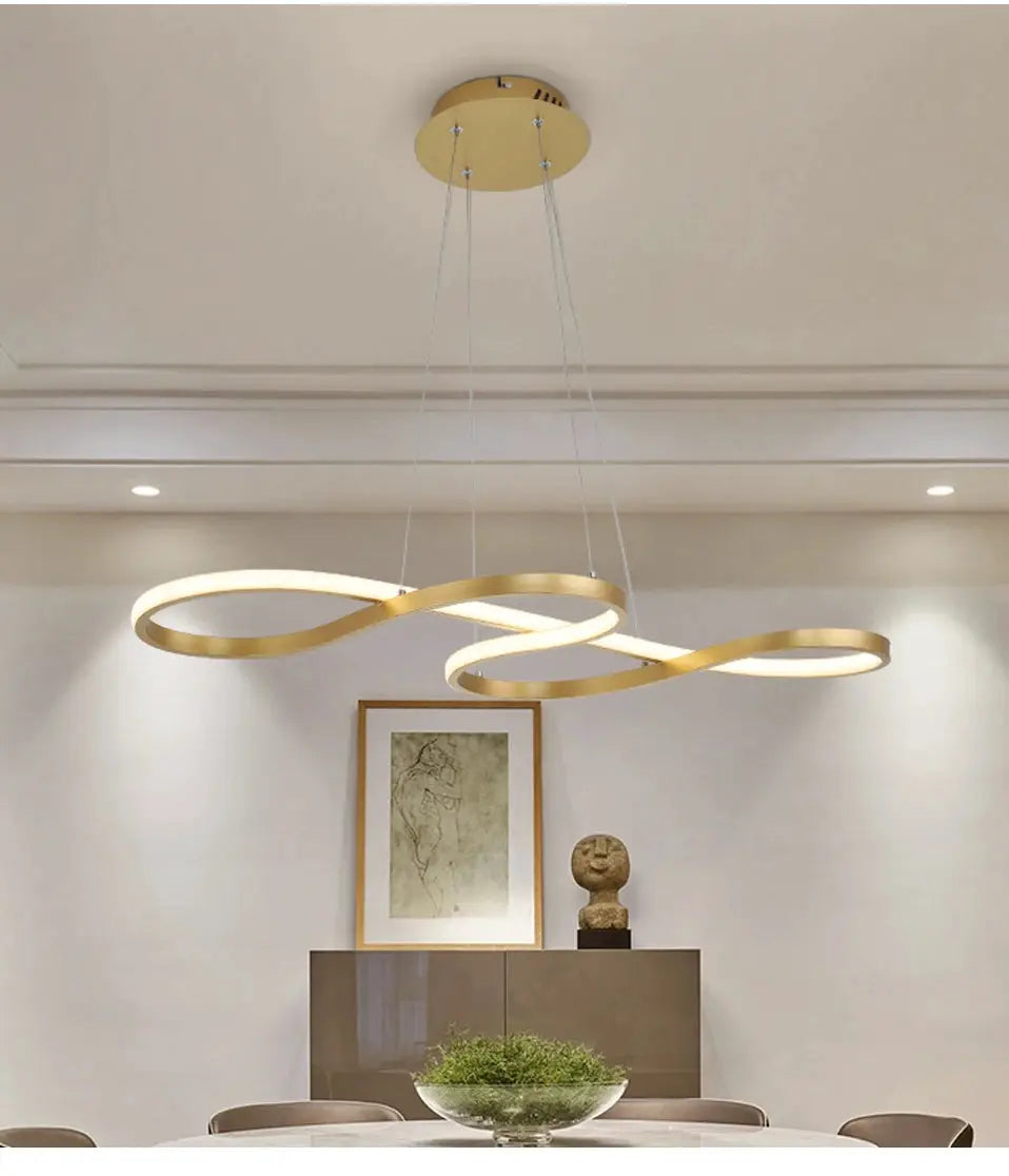 Gold LED loop pendant light for kitchen island by Simples Market with remote dimming