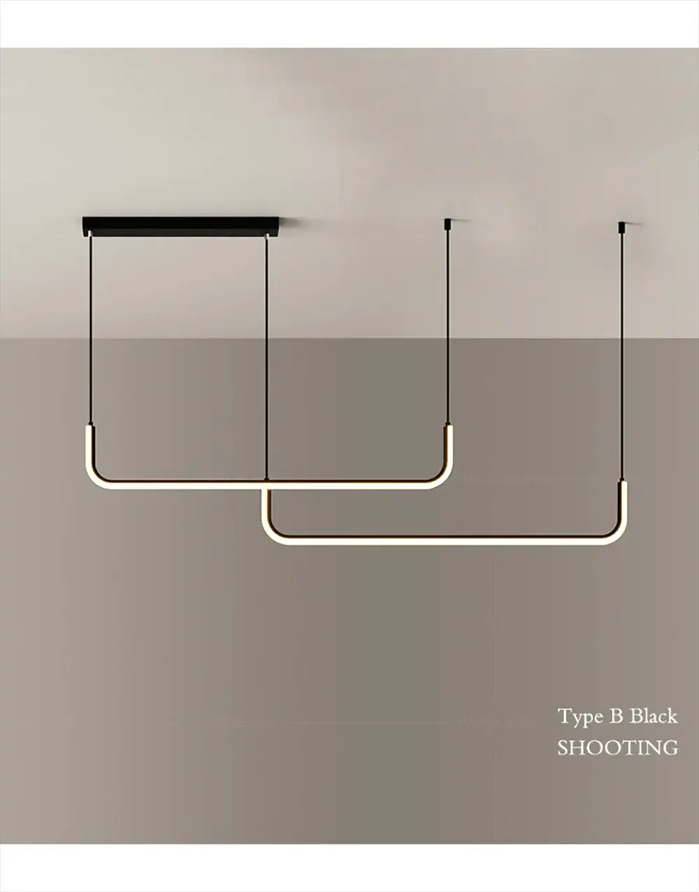 Modern LED strip chandelier in gold with black hanging cords, ceiling mount decor for living room or restaurant