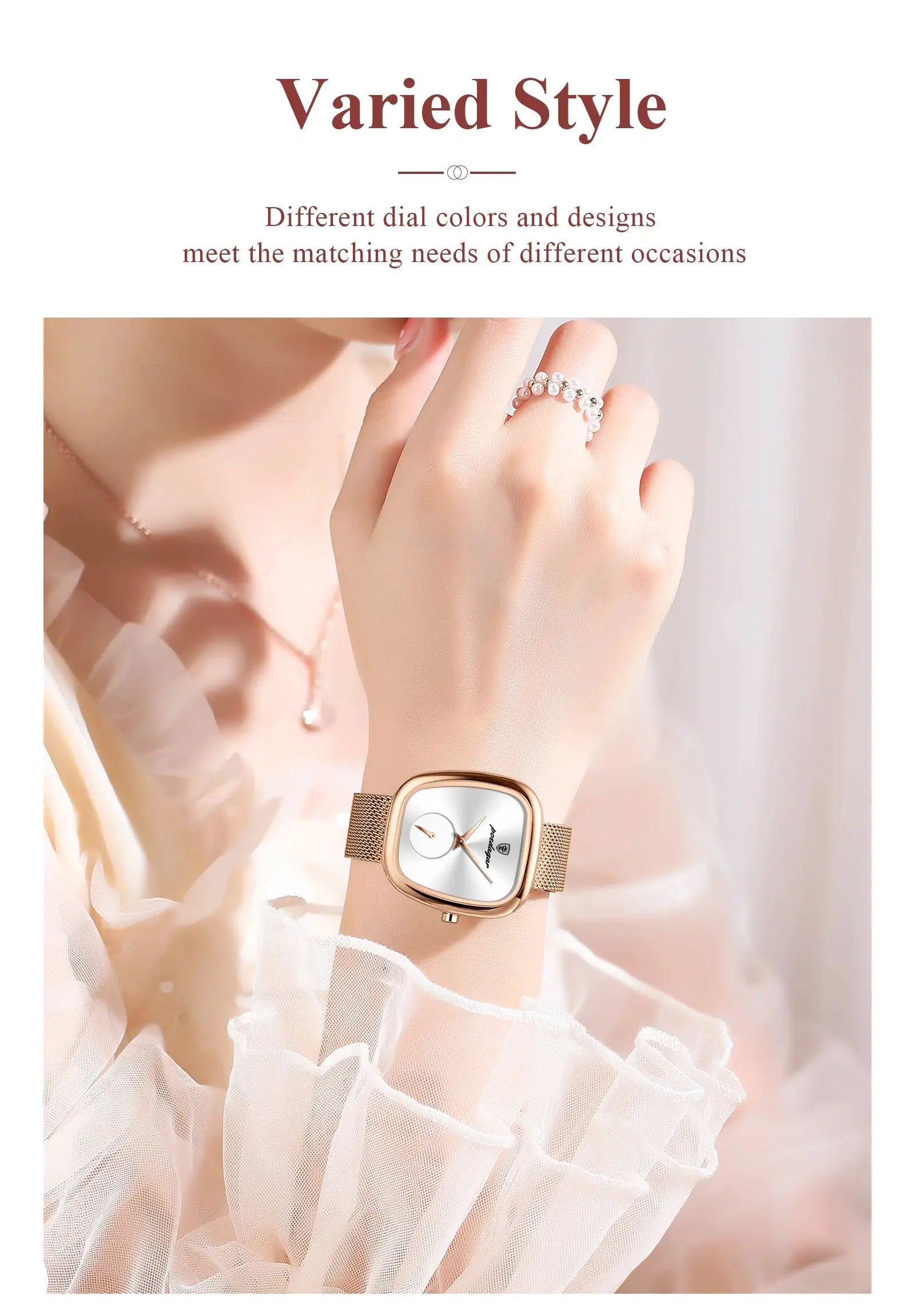 POEDAGAR rose-gold tone stainless steel mesh women's wristwatch with white dial