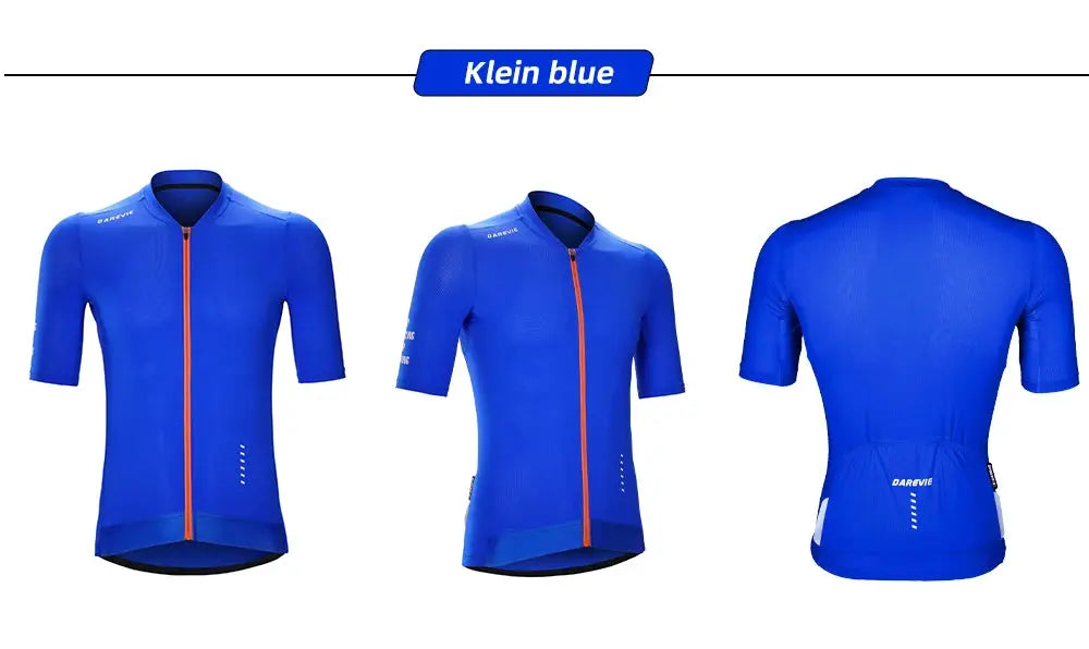 DAREVIE blue cycling jersey for men, breathable quick-dry fabric, three views: front, side, back