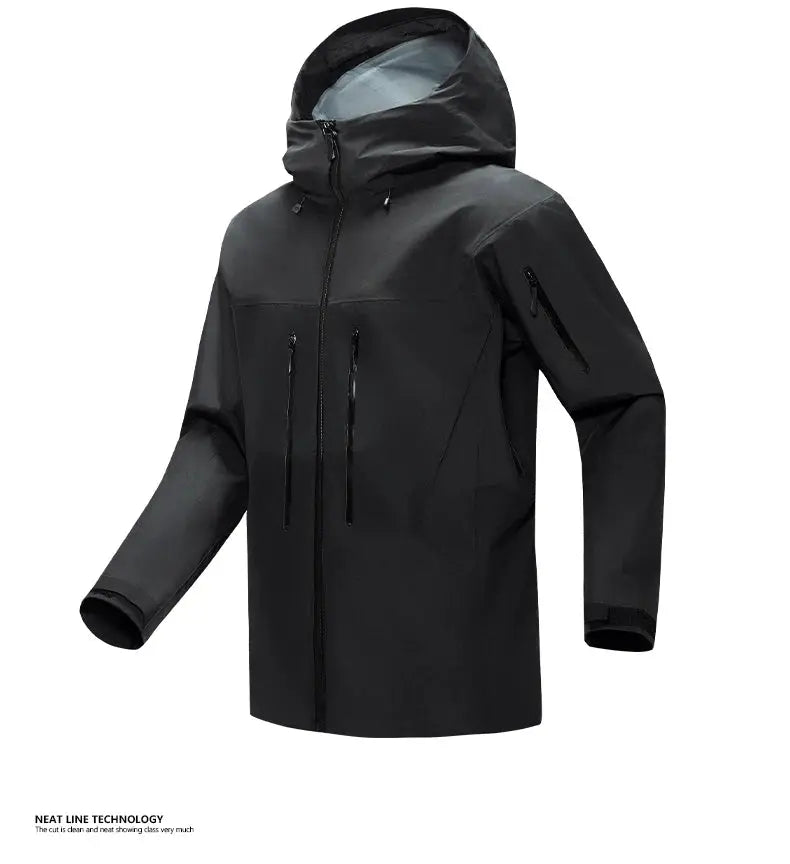 Men's black windproof hooded jacket with full front zipper and dual chest zip pockets