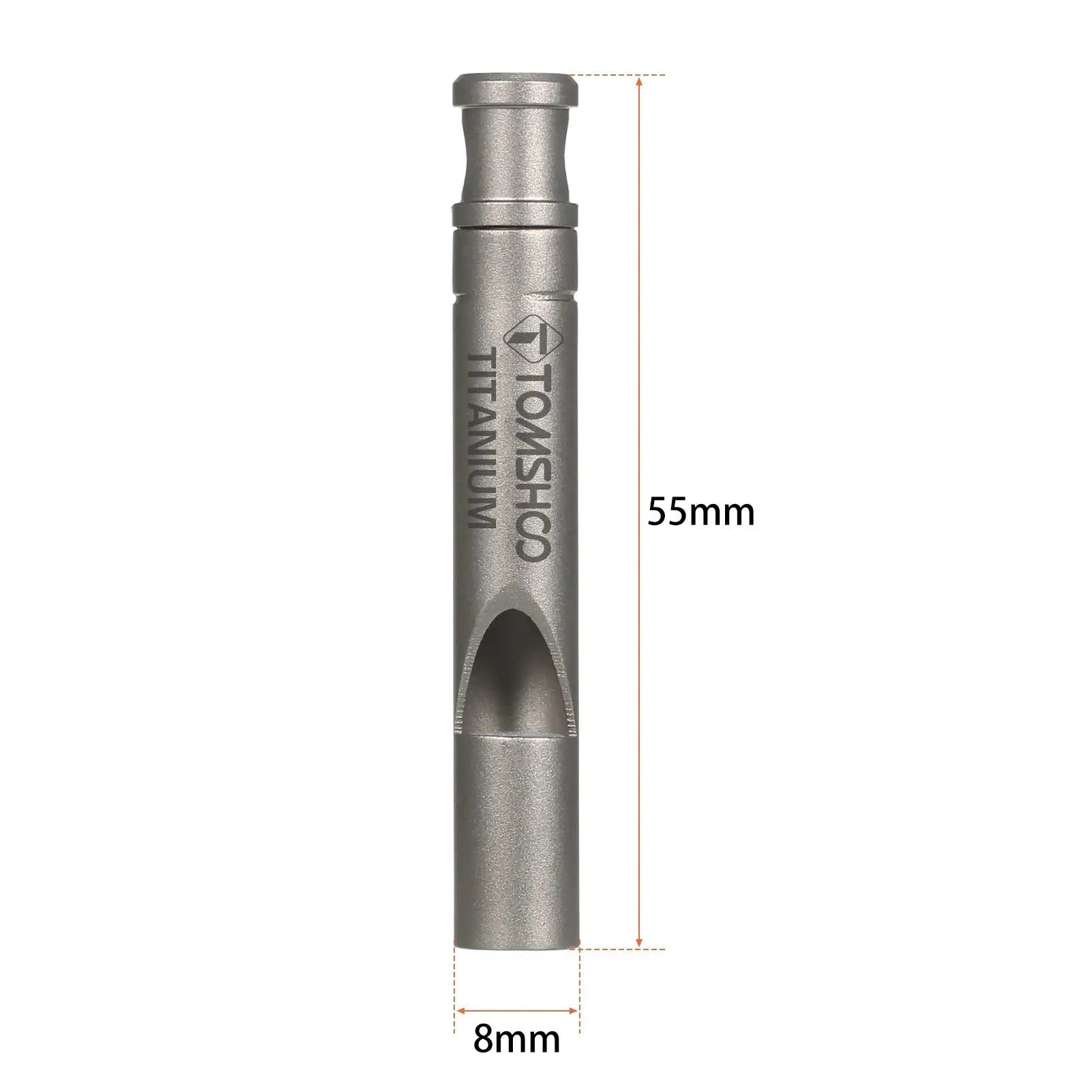 TOMSHOO Titanium emergency whistle with cord, metallic gray, 55mm long.
