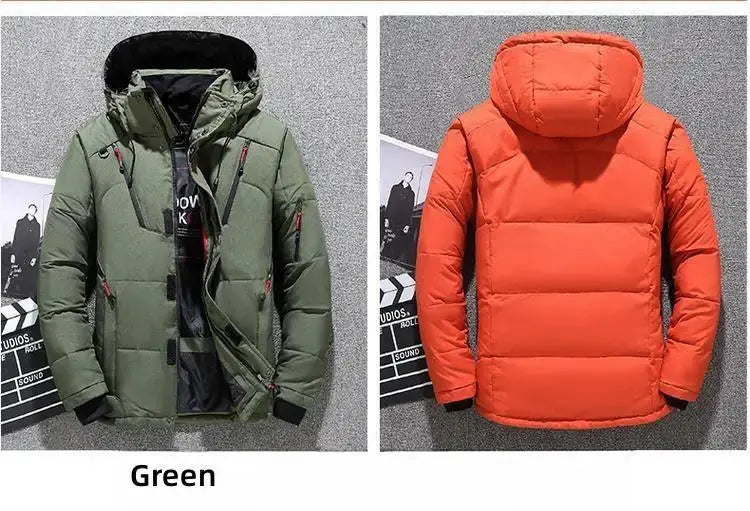 2 men's green and orange duck-down puffer jackets with hoods by Simples Market