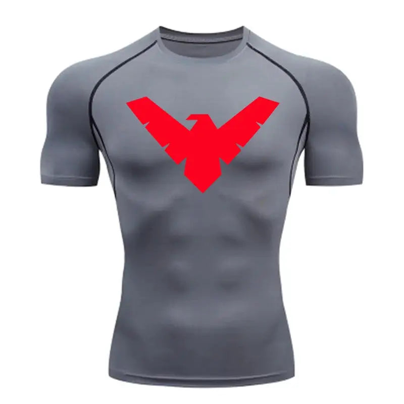 Men's gray short-sleeve compression athletic shirt with red logo by Simples Market.