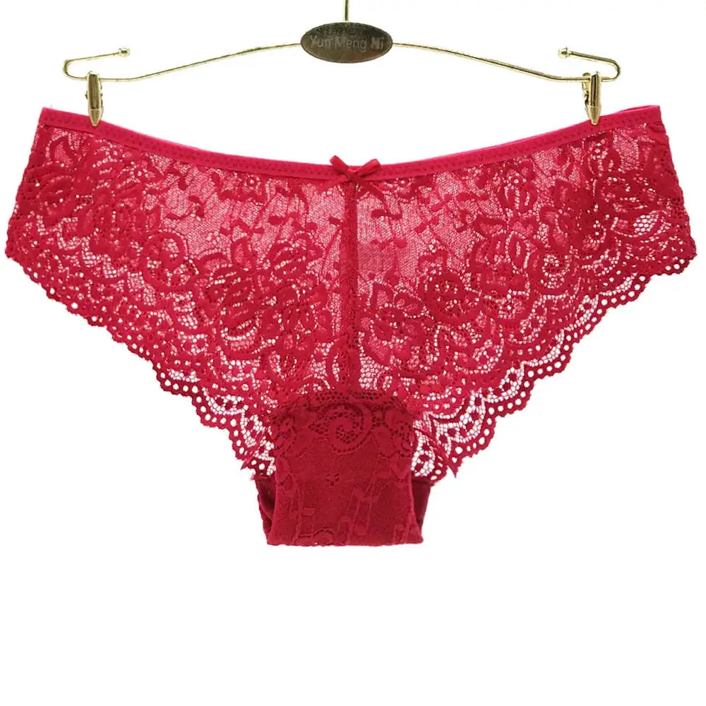 Women's red lace panties, low-waist briefs with floral hollow-out lace, breathable underwear, 3pc set