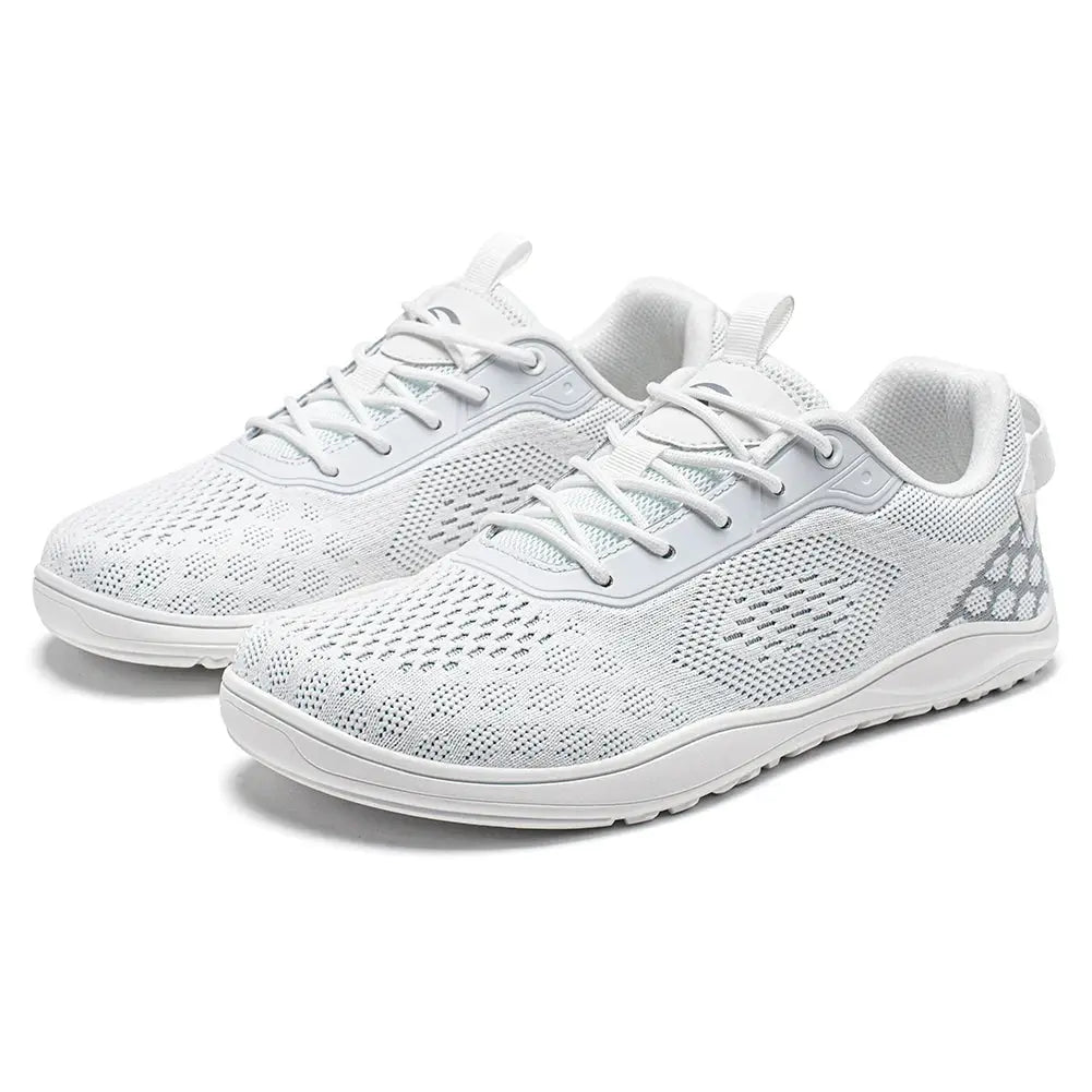 HOBIBEAR Knit Barefoot Shoes, pair of white breathable mesh, unisex zero-drop minimalist sneakers