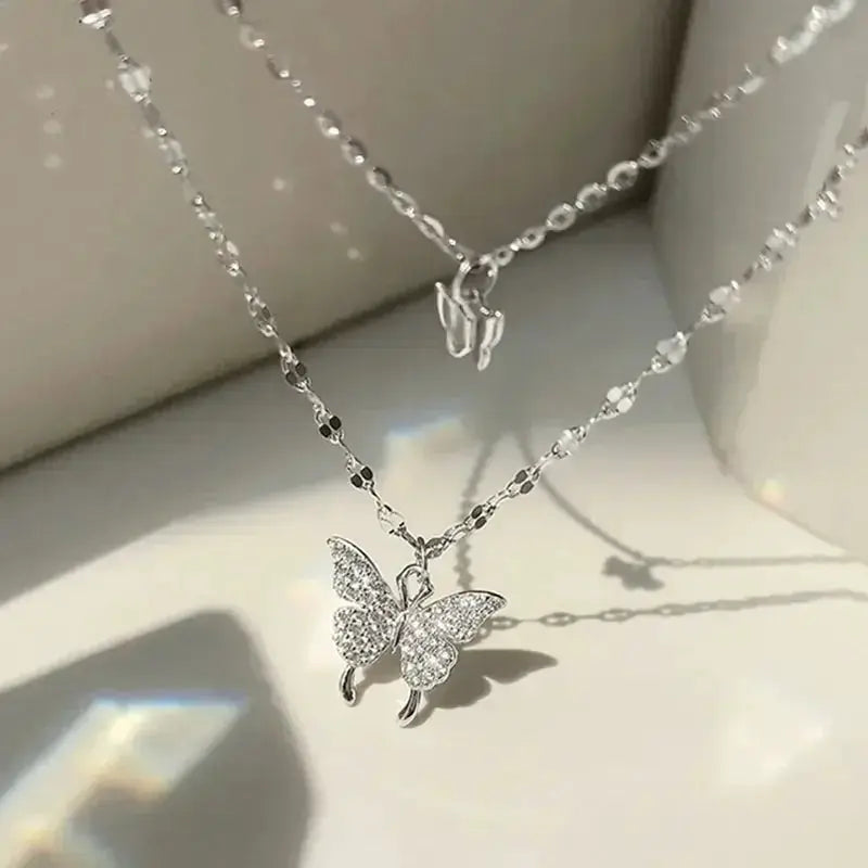 Double Layer Butterfly Necklace For Women Sparkling Collar Chain Exquisite Jewelry For Banquets Parties Holiday Gift