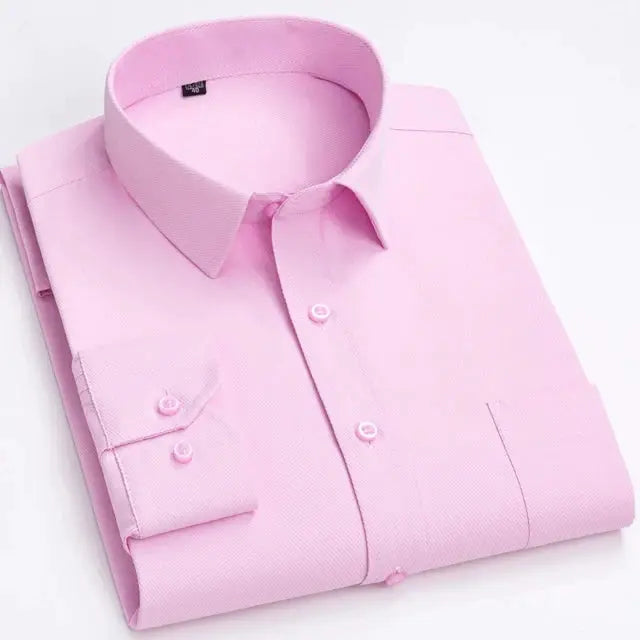 Men's pink long-sleeve shirt, folded with button-front and single chest pocket
