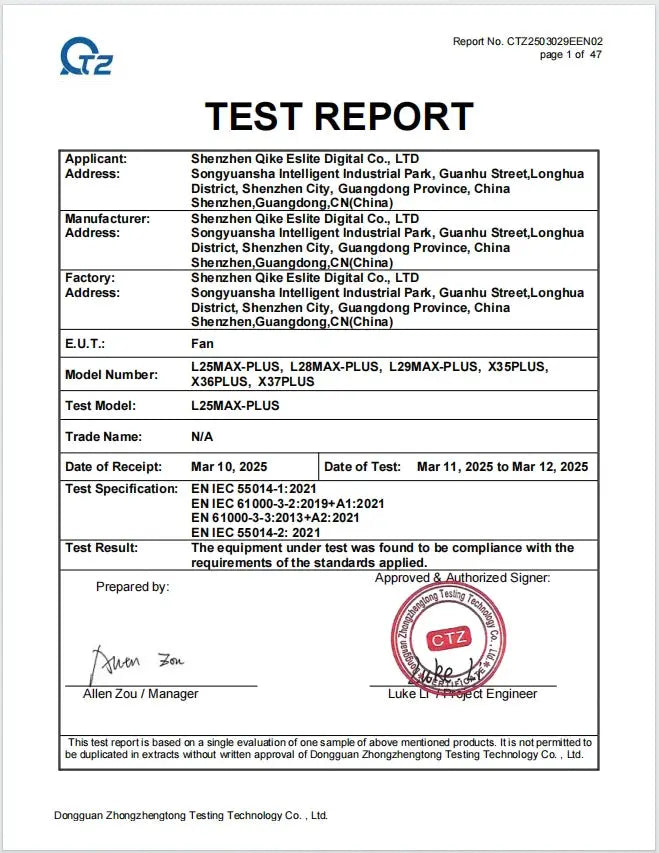 Fan test report document with CTZ seal; model L25MAX-PLUS; test dates Mar 11–12, 2025; receipt Mar 10, 2025.