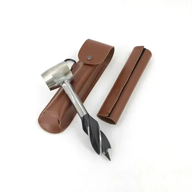 Auger hand drill by Simples Market with metal bit and brown leather sheath
