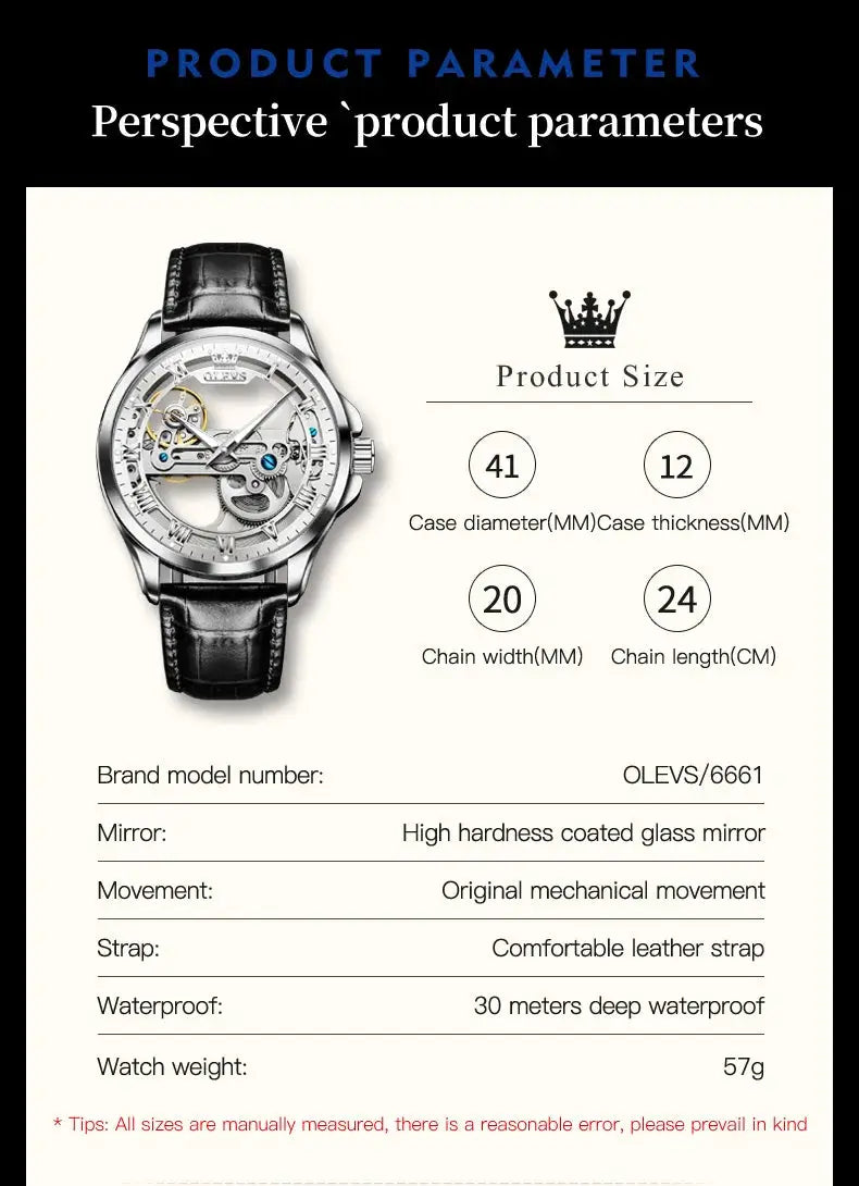 OLEVS 6661 skeleton automatic men's wristwatch with black leather strap