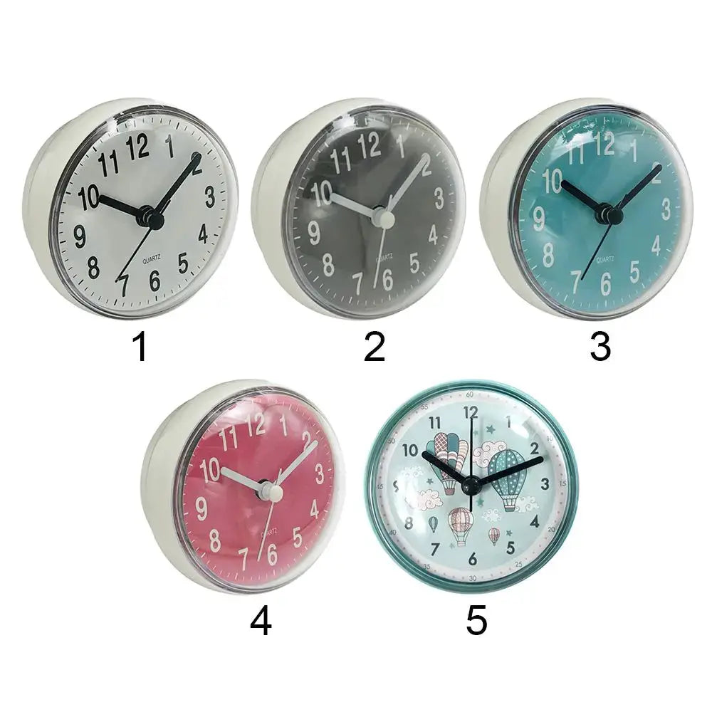 Mini Sucker Wall Clock set of 5, 7cm waterproof quartz clocks in white, gray, teal, pink, balloon design.