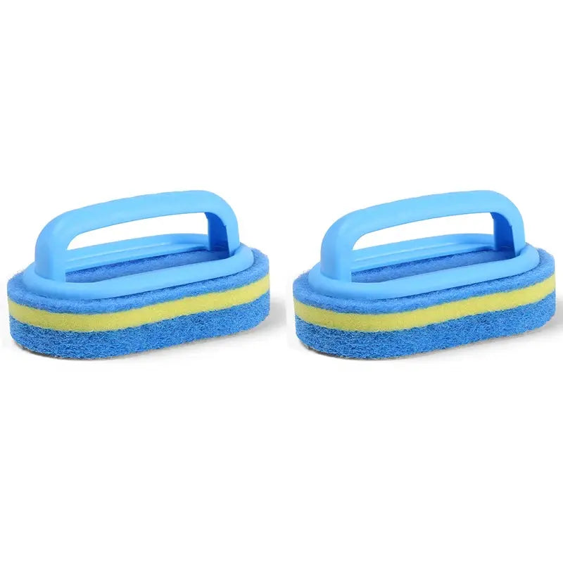 Two blue sponge cleaning brushes with handles featuring yellow-striped scrub pads for bathroom and kitchen cleaning