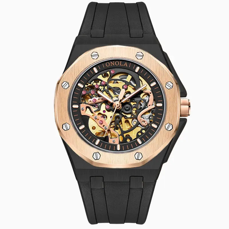 ONOLA skeleton wristwatch with rose-gold bezel and black strap, automatic movement