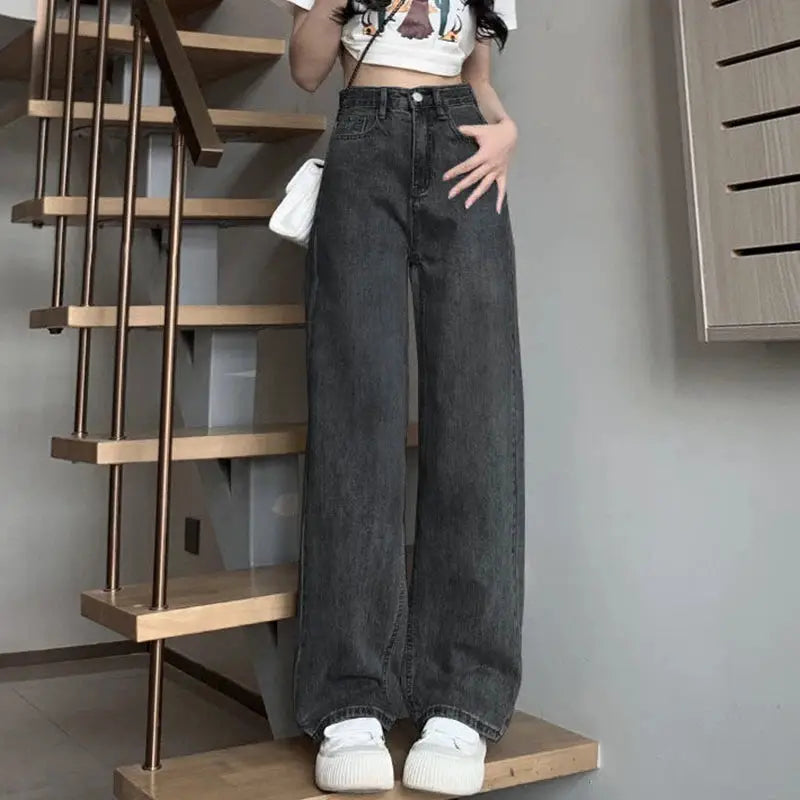 Womens Vintage Wide Leg Jeans High Waist Denim Pants Black Grey Blue