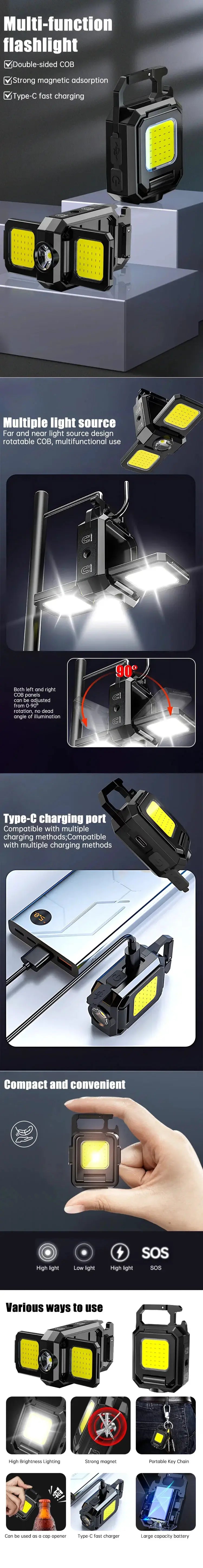 Mini flashlight keychain light by Simples Market, black COB light with 90° foldable side lights, USB rechargeable, 2pc