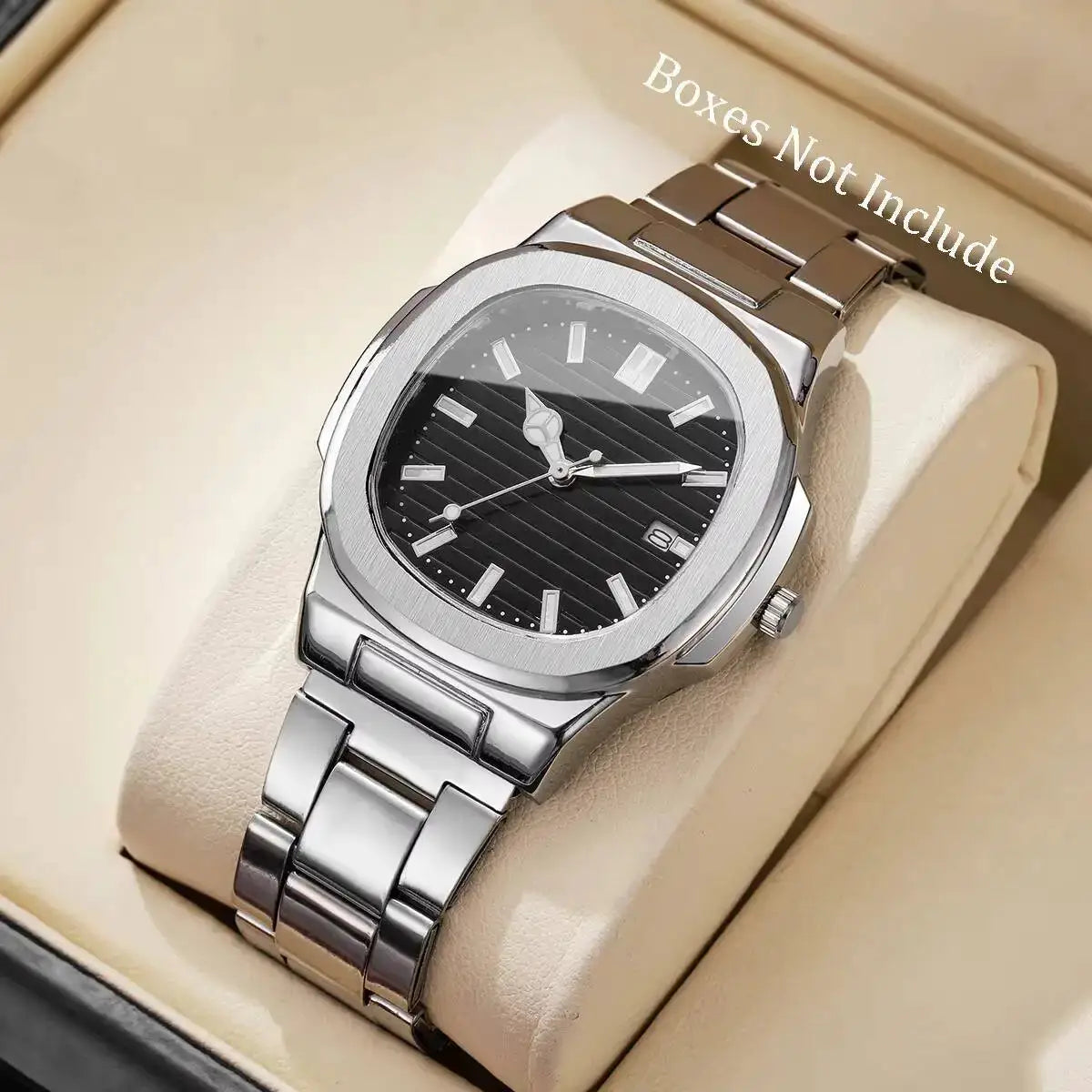 AuroraTime Luxury Square Dial Mens Business Watch Stainless Steel Strap Quartz Movement Calendar