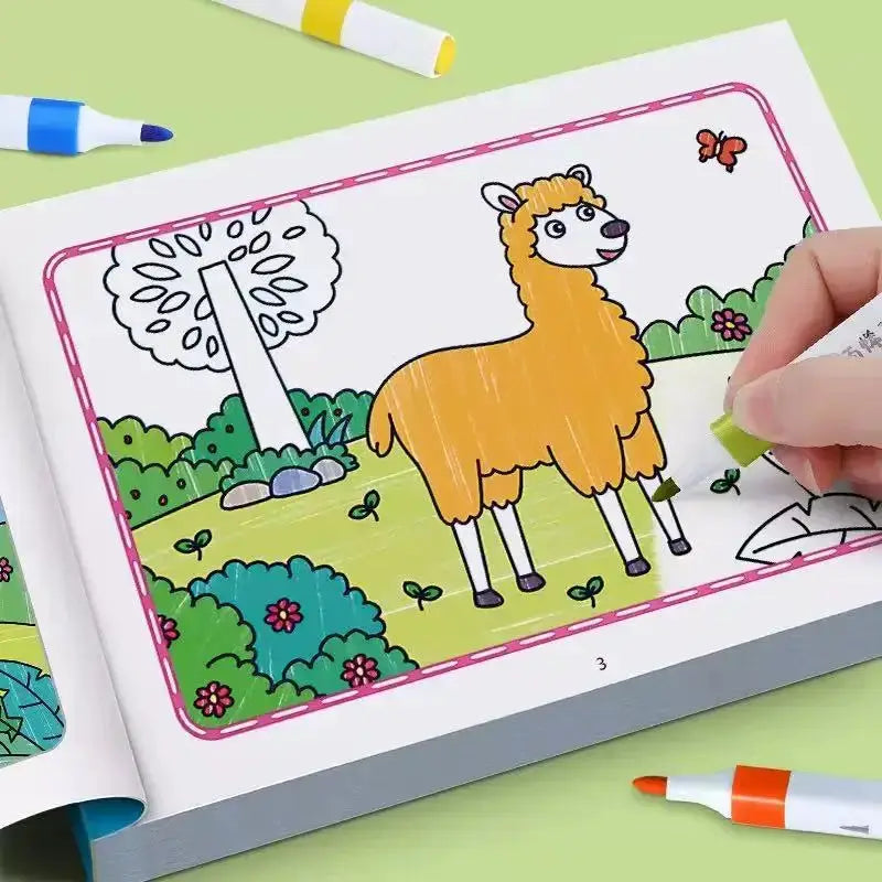 Coloring book page for kids by Simples Market featuring a yellow llama in a garden with a pink border and crayons
