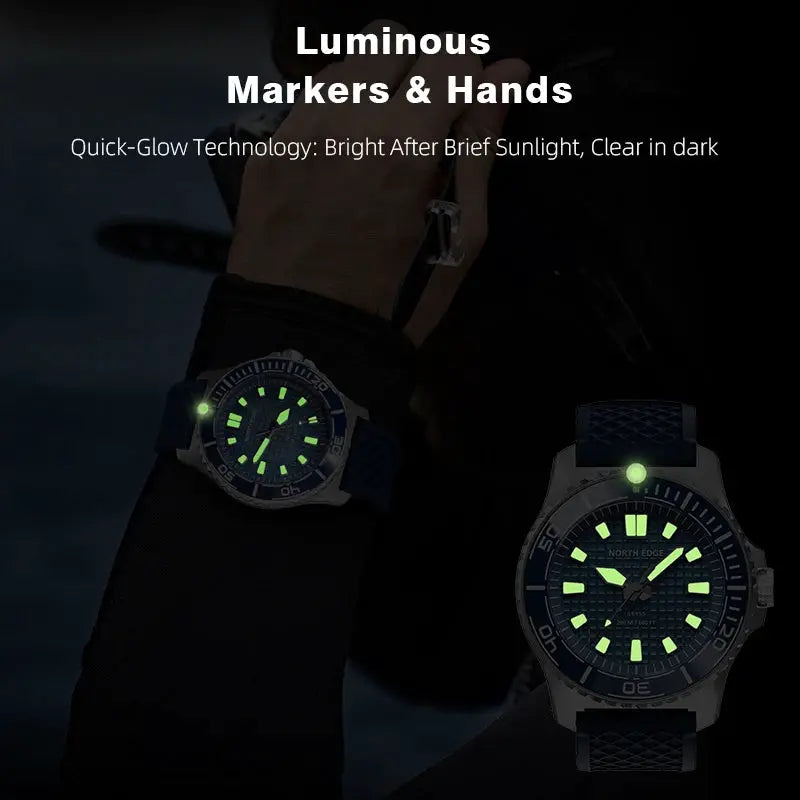2 North Edge Abyss diving watches with luminous hands, blue strap, and 316L steel case