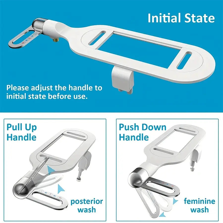 Simples Market white non-electric bidet attachment for toilet seat with adjustable spray nozzle and pull/push handle.