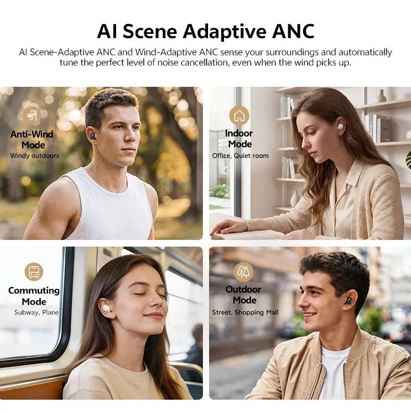 QCY MeloBuds A30 wireless earbuds, white, AI Scene Adaptive ANC showcasing four modes.
