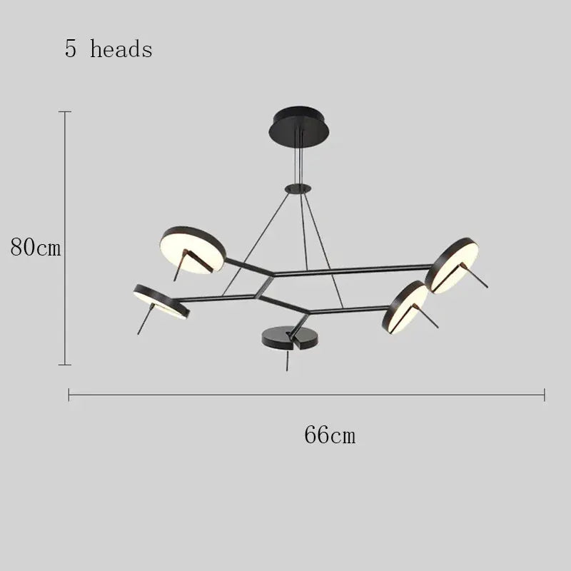 LED chandelier by Simples Market; black lustre, 5 heads, adjustable indoor ceiling light, 66cm wide x 80cm tall.