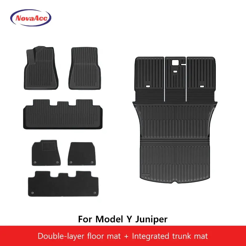 NovaAcc all-weather TPE floor mats and trunk liner for Tesla Model Y Juniper; includes front, rear, and cargo mats