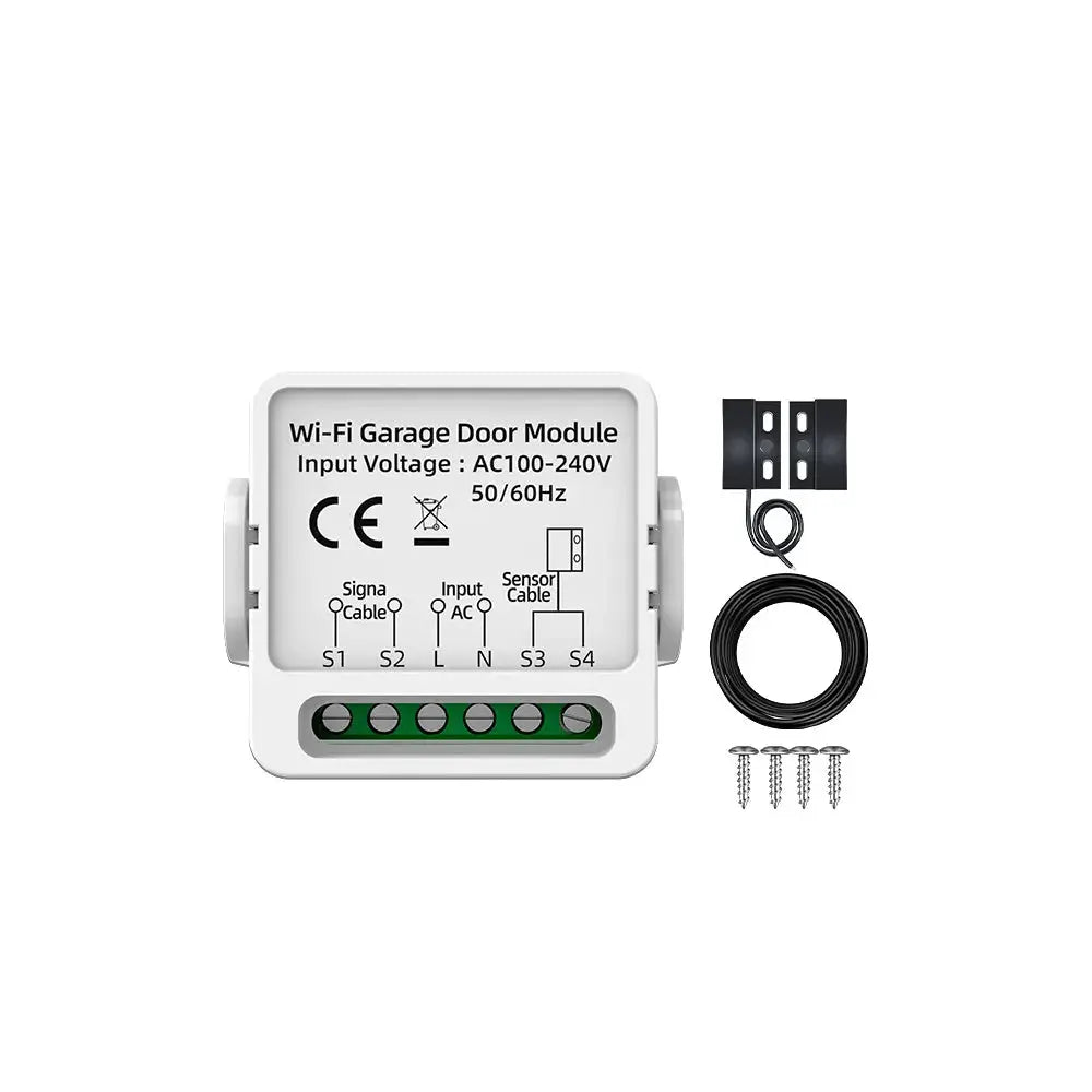 Smart WiFi garage door module with green terminal block and included sensor cable and mounting screws