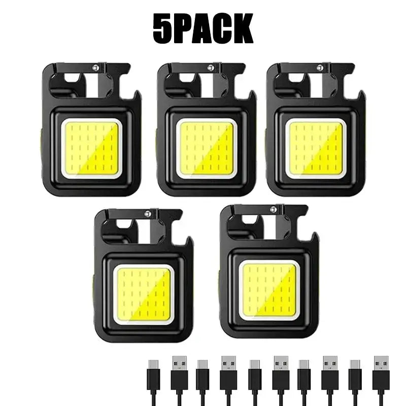 Keychain LED camping flashlight set; 5-pack USB rechargeable COB pocket clip lanterns in black by Simples Market