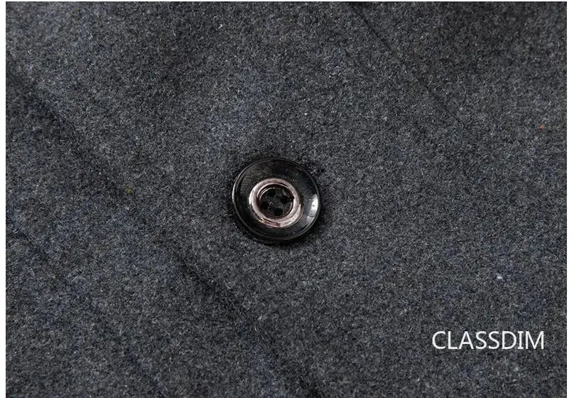 Men's cashmere trench coat fabric close-up in dark grey wool blend with black button; CLASSDIM