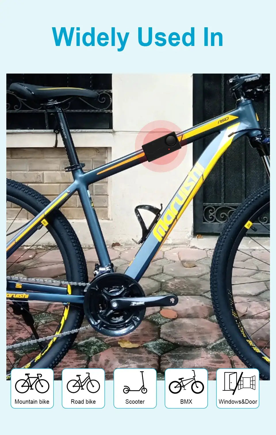 Wireless vibration alarm device mounted on blue bicycle frame; compact black unit with red indicator.