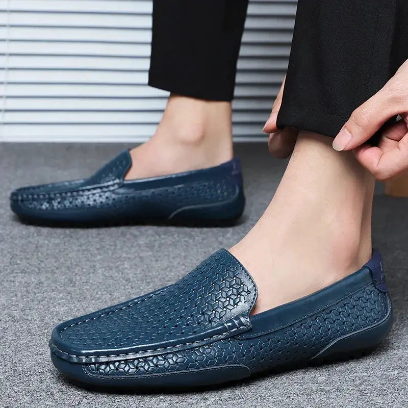 Men's blue genuine leather loafers with perforated honeycomb pattern, slip-on driving moccasins.