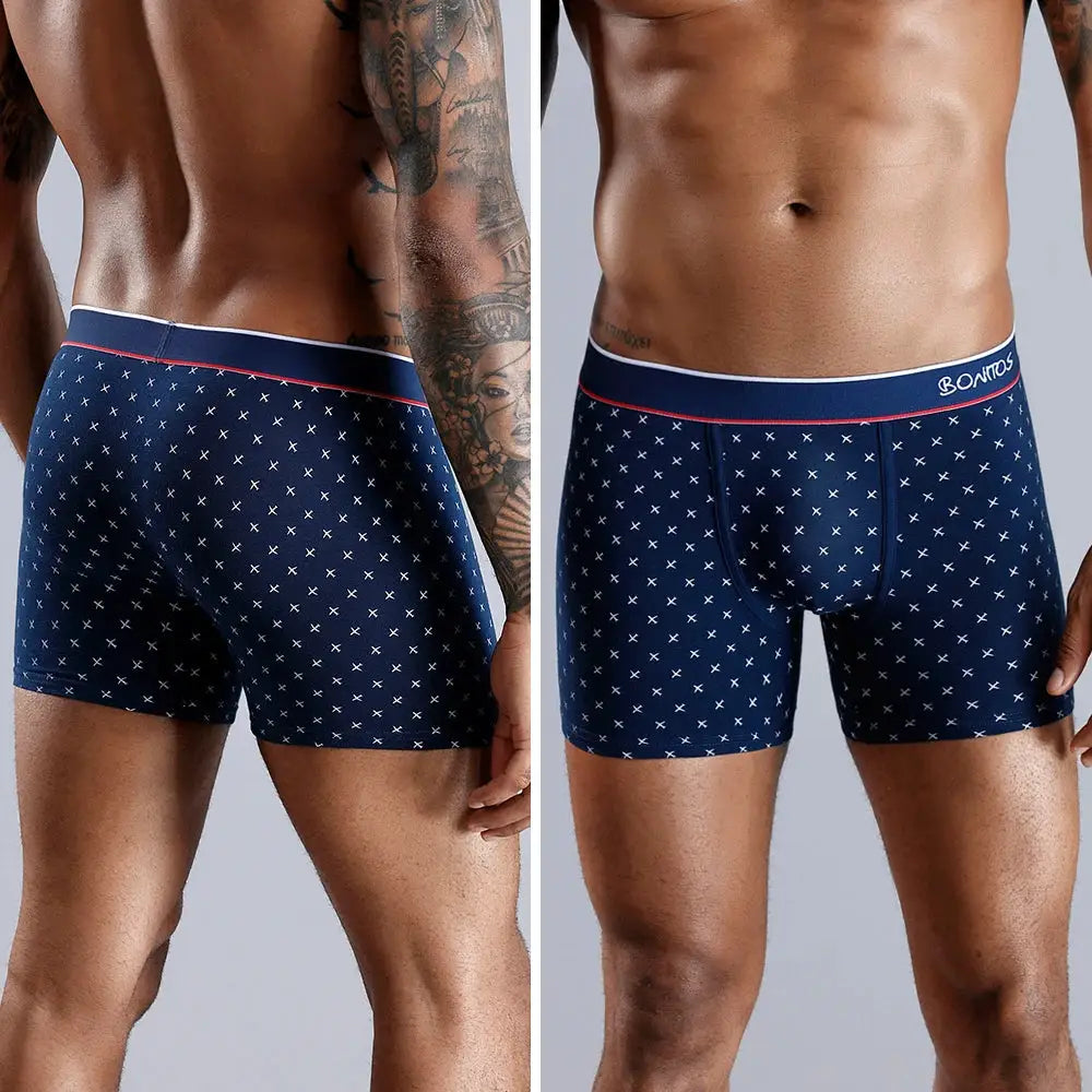 Boxer shorts set, navy blue with white cross pattern, white waistband with red trim, 4-pack Bonitos