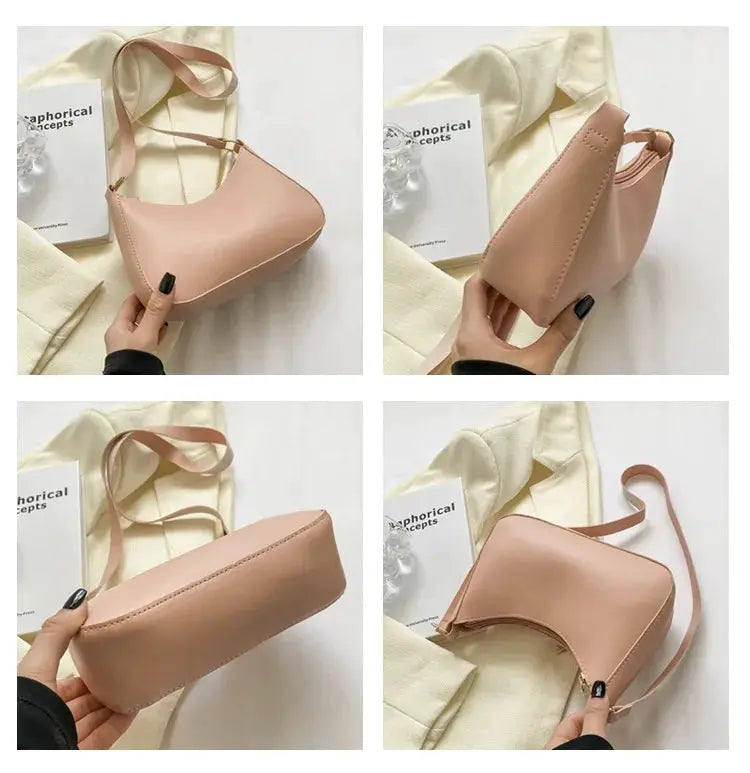 Solid-color blush-pink small square handbag with long strap, faux-leather, single-shoulder armpit bag