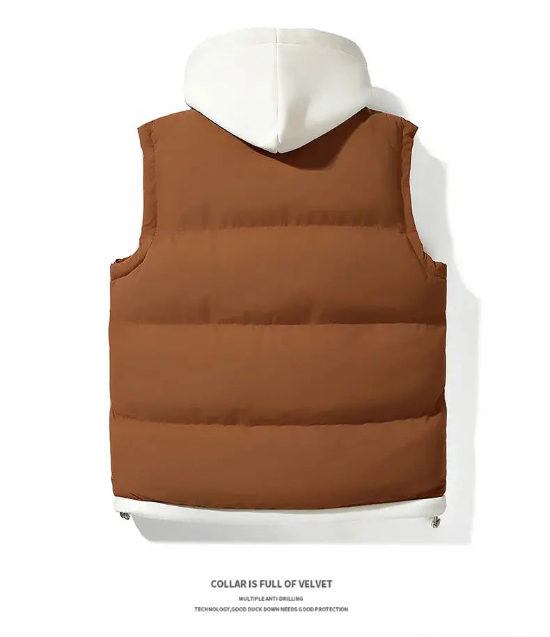 Brown hooded sleeveless puffer vest for men with white hood