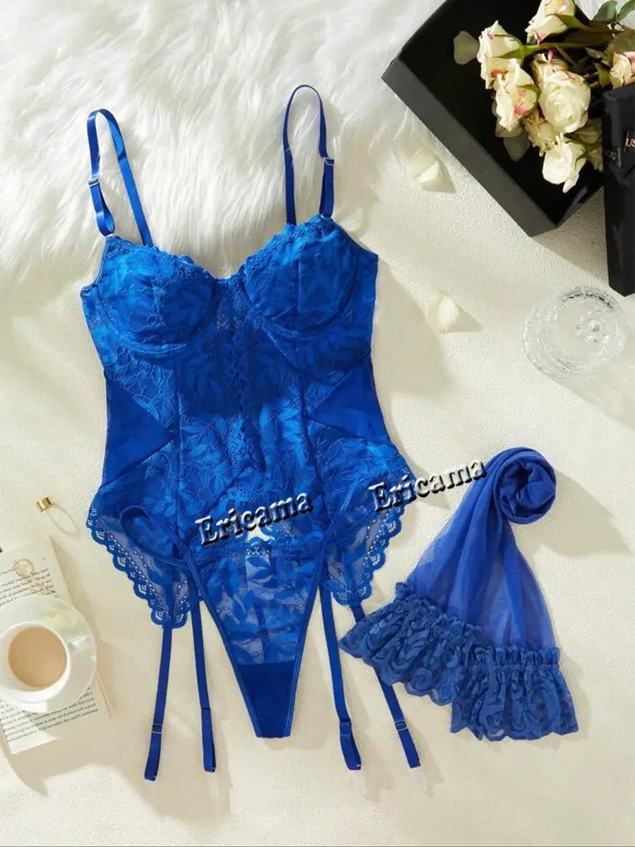 LaceLux 3 Piece Transparent Lace Lingerie Set With Garter Bra And Panty Breathable Polyester Elastane