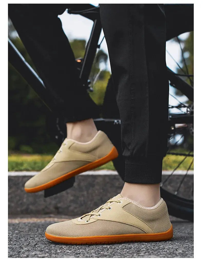 Simples Market minimalist barefoot trail running shoes, tan fabric with orange sole