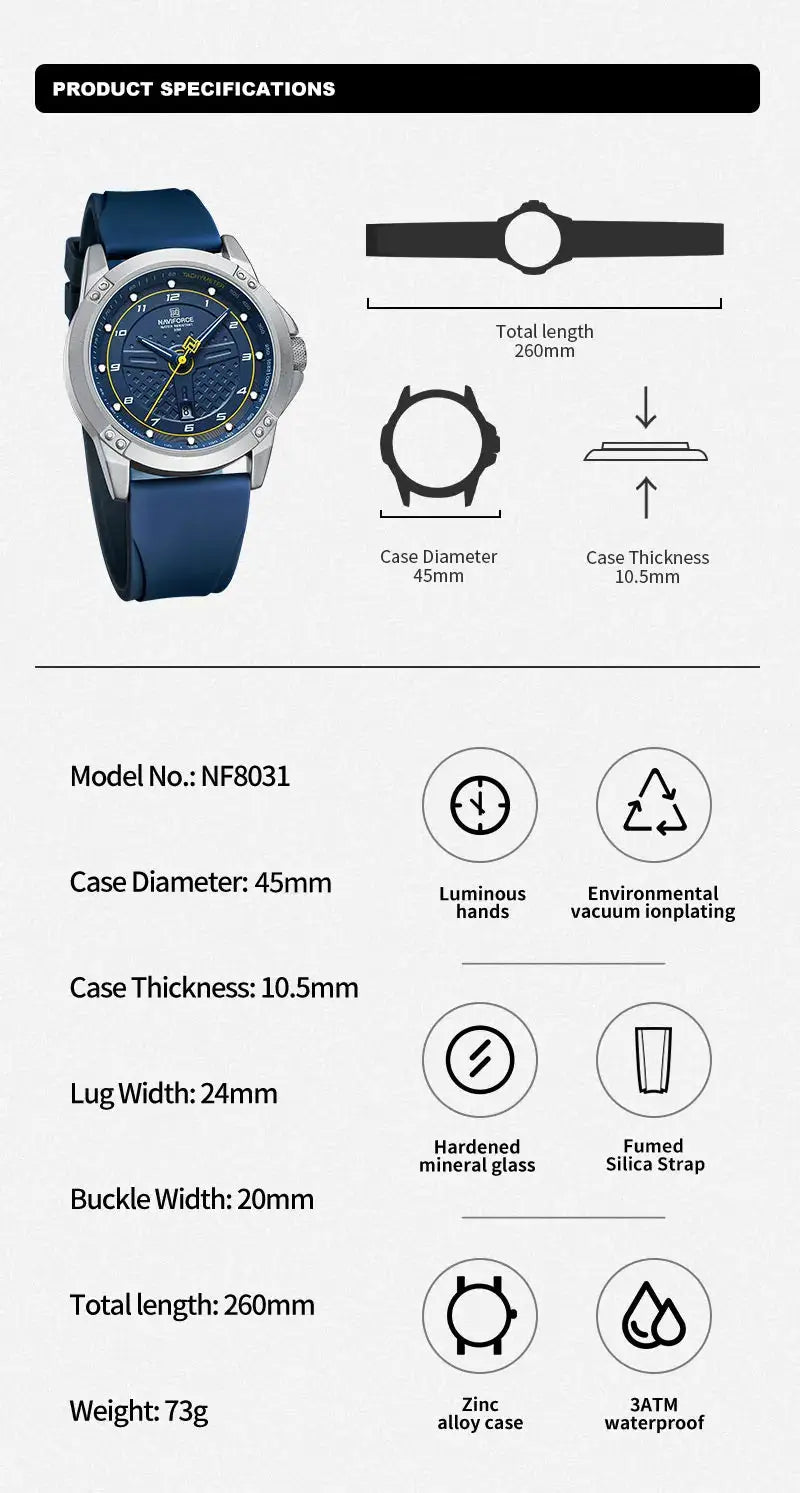 NAVIFORCE casual quartz wristwatch with blue silicone strap and blue dial, luminous hands.