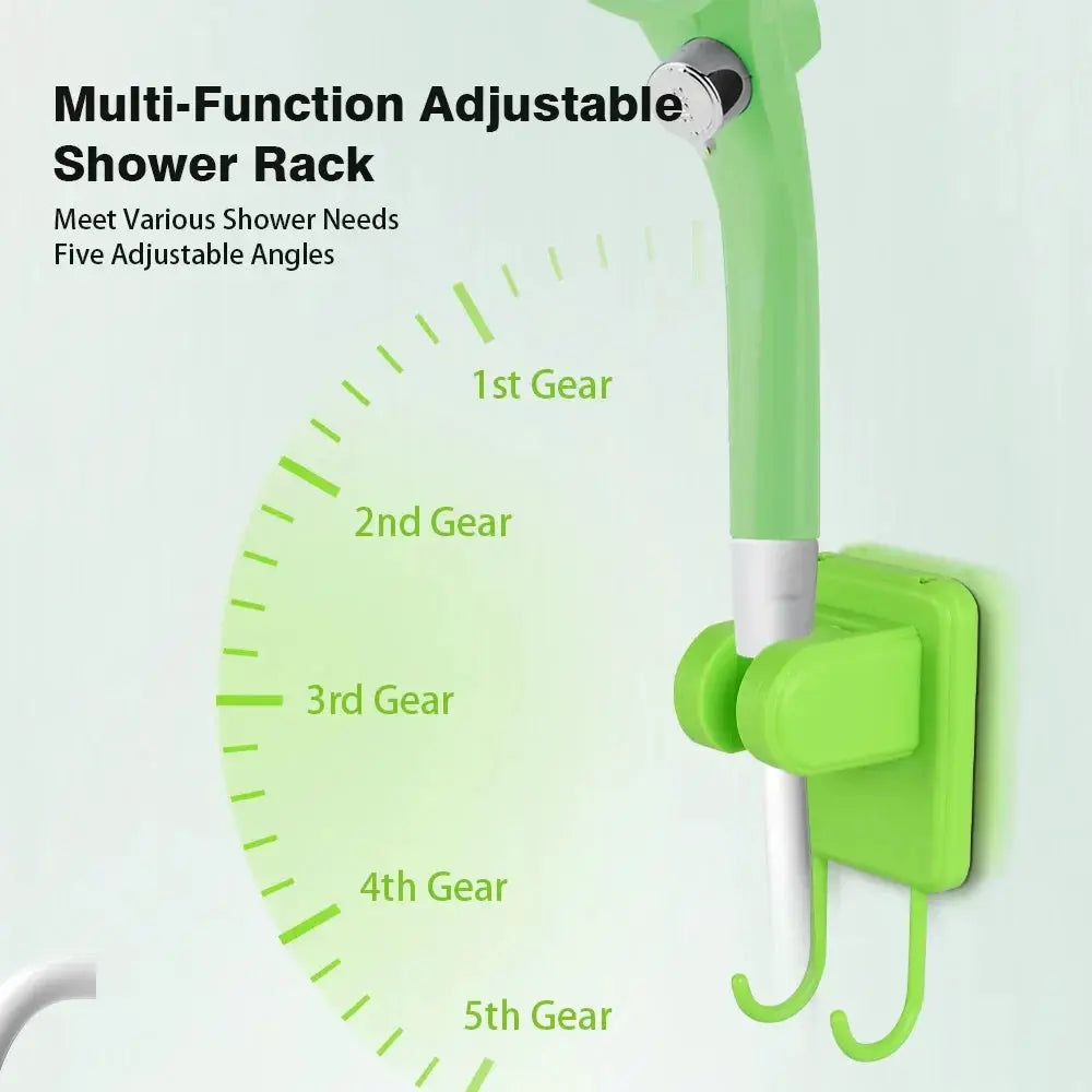 Multi-Function Adjustable Shower Rack in bright green, wall-mounted with two hooks