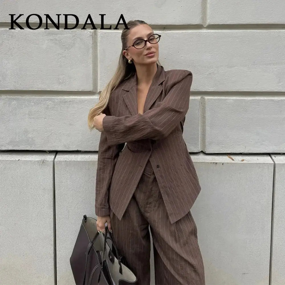 KONDALA brown pinstripe office suit blazer with matching wide-leg pants; single-breasted, loose fit