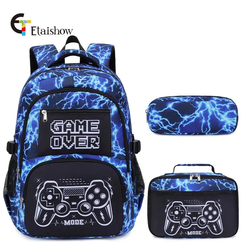 Boys school backpack set in blue lightning pattern with lunch bag and pencil case (3 pieces) by Simples Market