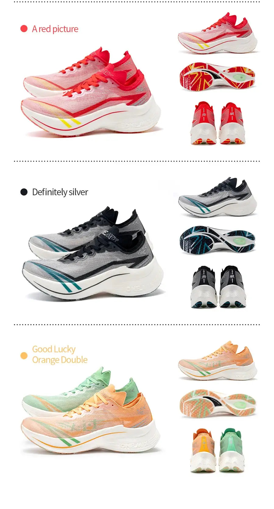 ONEMIX Marathon carbon-plate running shoes for men in red, silver and peach colorways by Simples Market