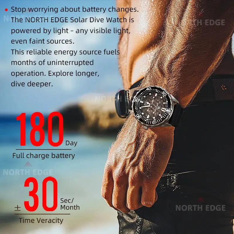 North Edge Triton-Ti diver's watch on a black strap with a black bezel and dial.