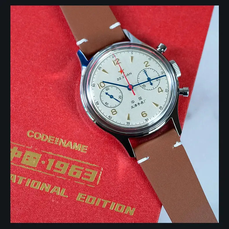 Seagull 1963 International Edition men's mechanical watch with cream dial, blue hands, red seconds, leather strap