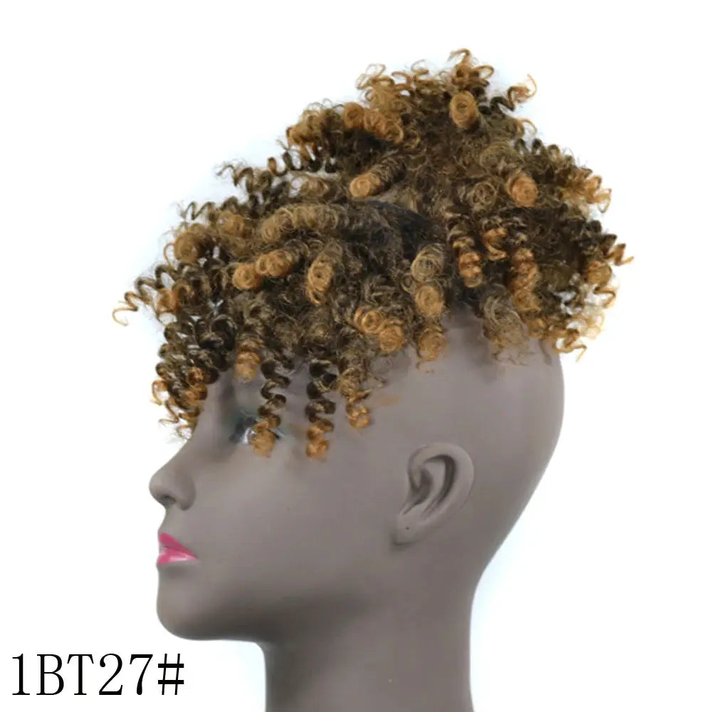 Afro Puff Updo Drawstring Ponytail with Bangs; black kinky curly synthetic hair with brown highlights