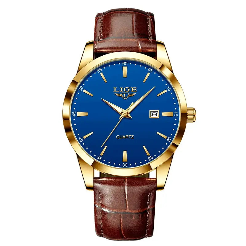 LIGE watch with brown leather strap, blue dial, gold-tone case, quartz movement and date window