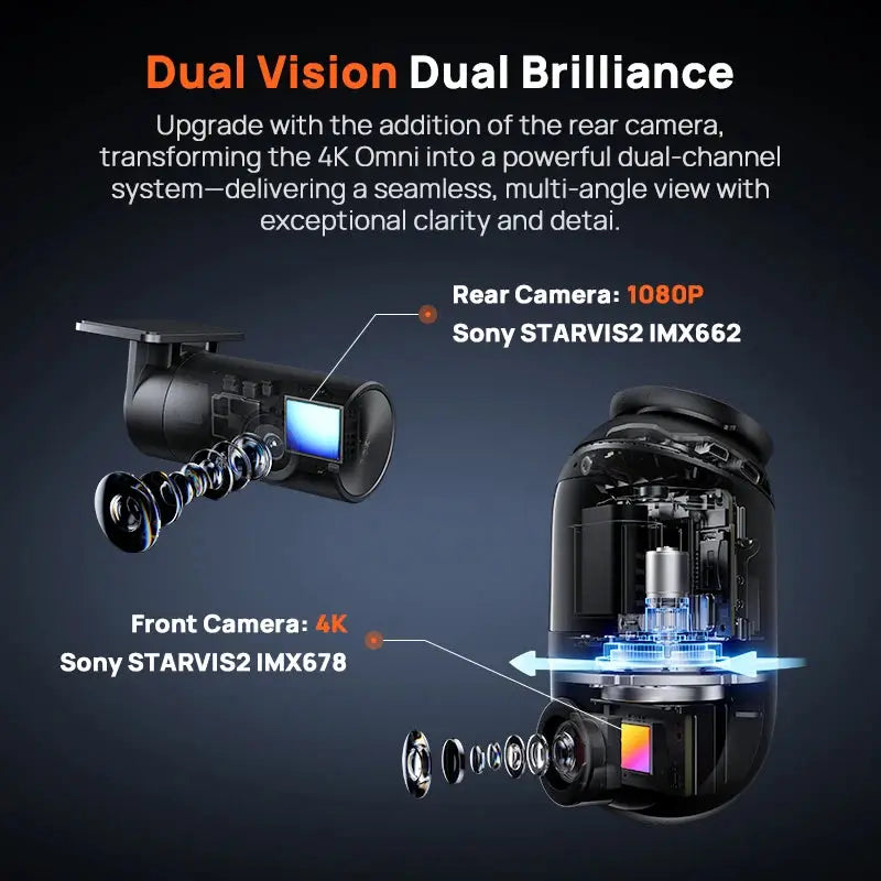 70mai Omni X800 dual-channel dash cam with 360° rotation, front 4K and rear 1080p