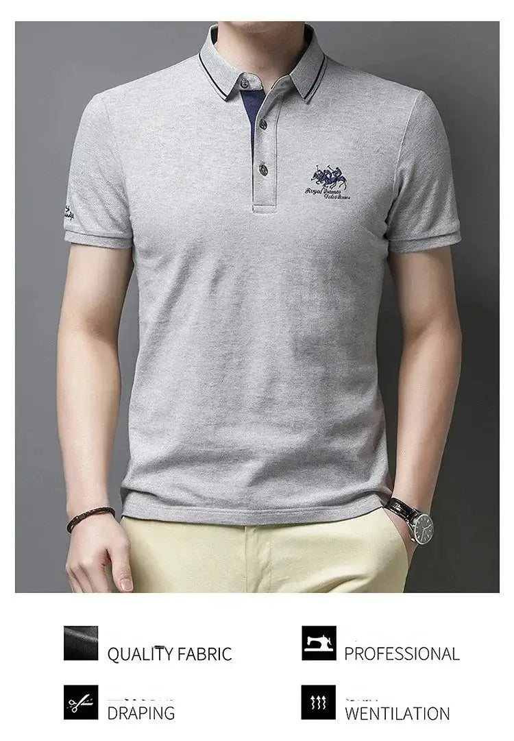 Men's grey polo shirt with short sleeves and embroidered chest crest