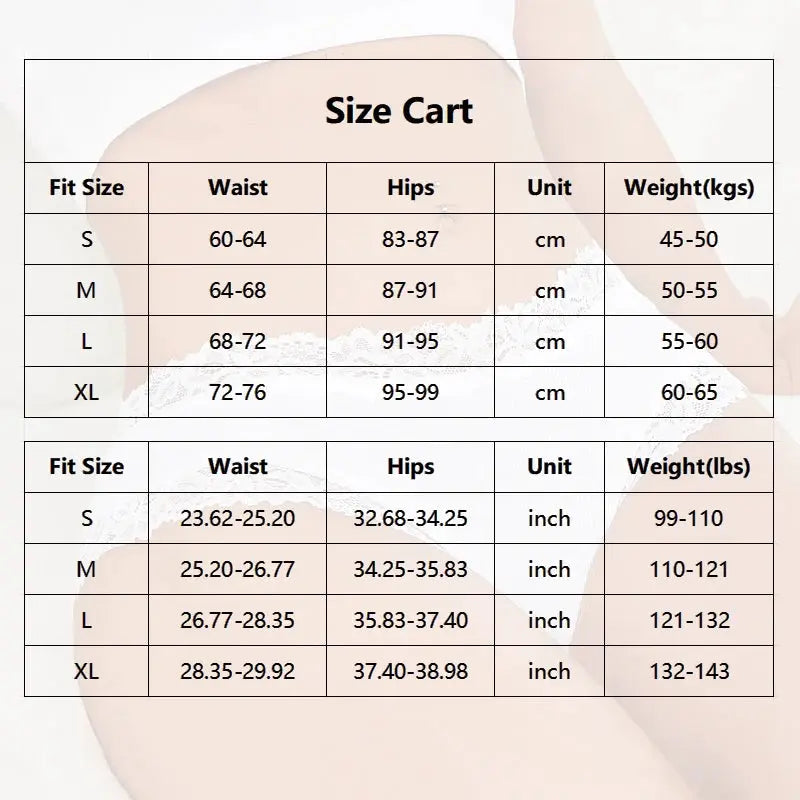 Size chart for Simples Market 3PCS Floral Lace Cotton Panties set, S–XL; waist and hip measurements in cm and inches.